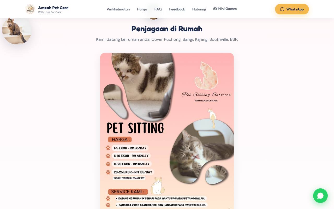 Pet Sitting section of the website