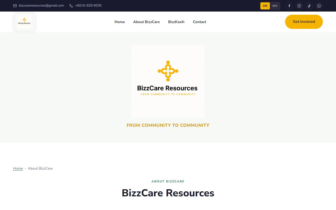About BizzCare section of the website